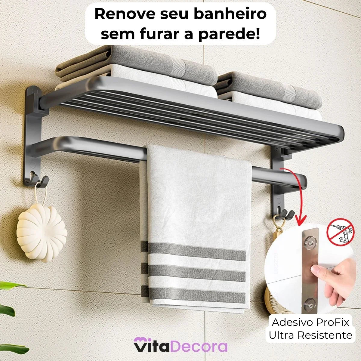 VitaFlex - Porta-Toalhas Grande Retrátil + Adesivos ProFix™! [FRETE GRÁTIS]