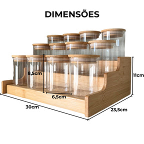 Kit 12 Potes Porta Tempero Hermético 200ml Com Organizador em Bambu