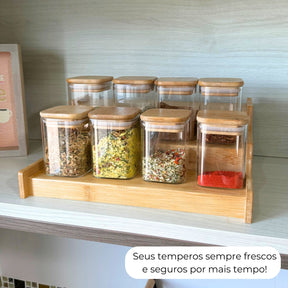Kit 12 Potes Porta Tempero Hermético 200ml Com Organizador em Bambu