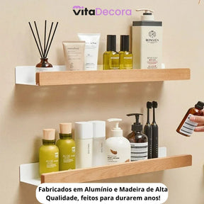 VitaLux - Prateleira Organizadora Parede em Alumínio e Madeira + Kit Adesivos ProFix