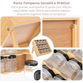 Porta Temperos em Bambu com 12 Potes Herméticos – Organização e Praticidade